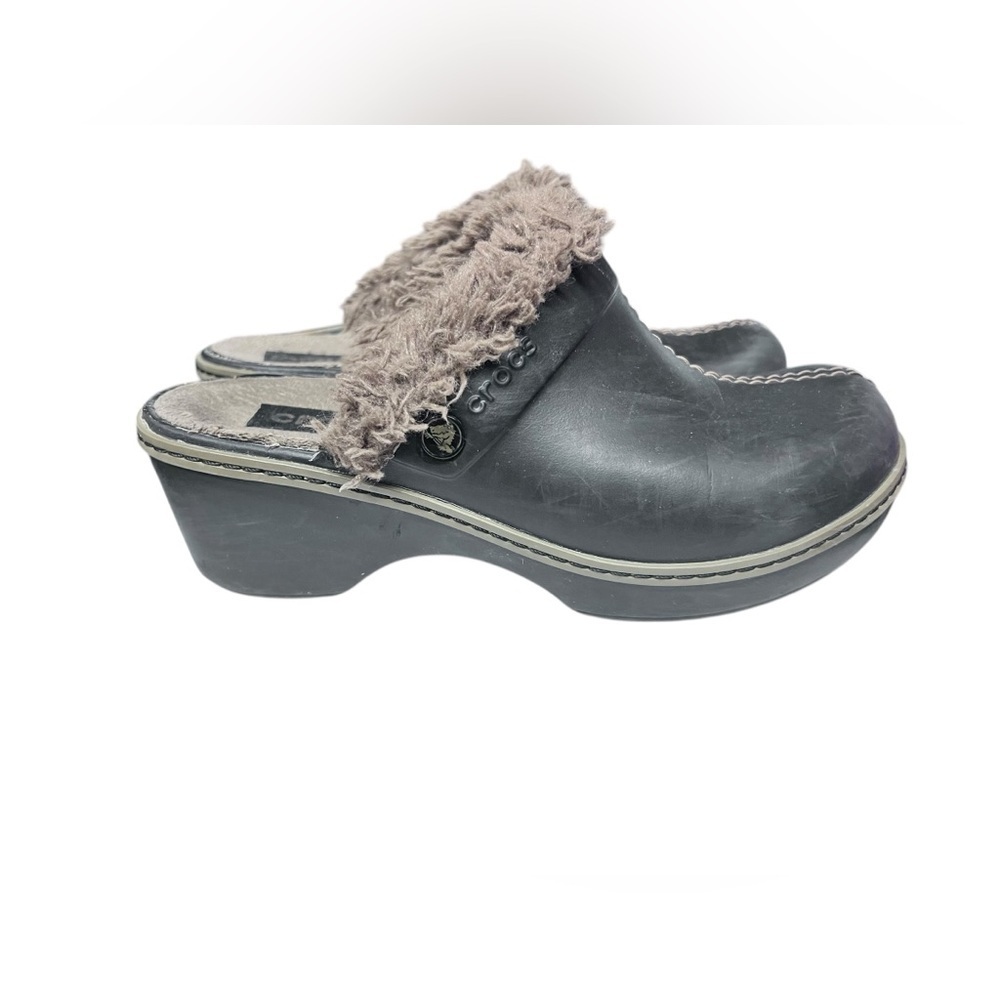 Crocs Cobbler Size 7 W Black Rubber Clogs Slides Slip On Shoes Faux Fur Lined